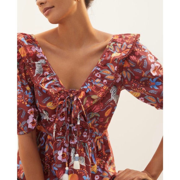 ANTHROPOLOGIE MAEVE Ruffled Tie Front Blouse Womens Small Red Floral Print - Picture 3 of 16